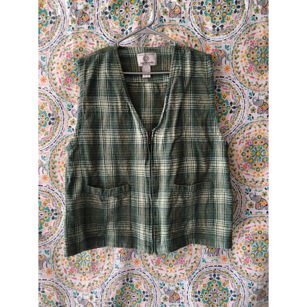 Vintage New Terrain Basic Clothes Vest Men's Large 100% Cotton Plaid Green